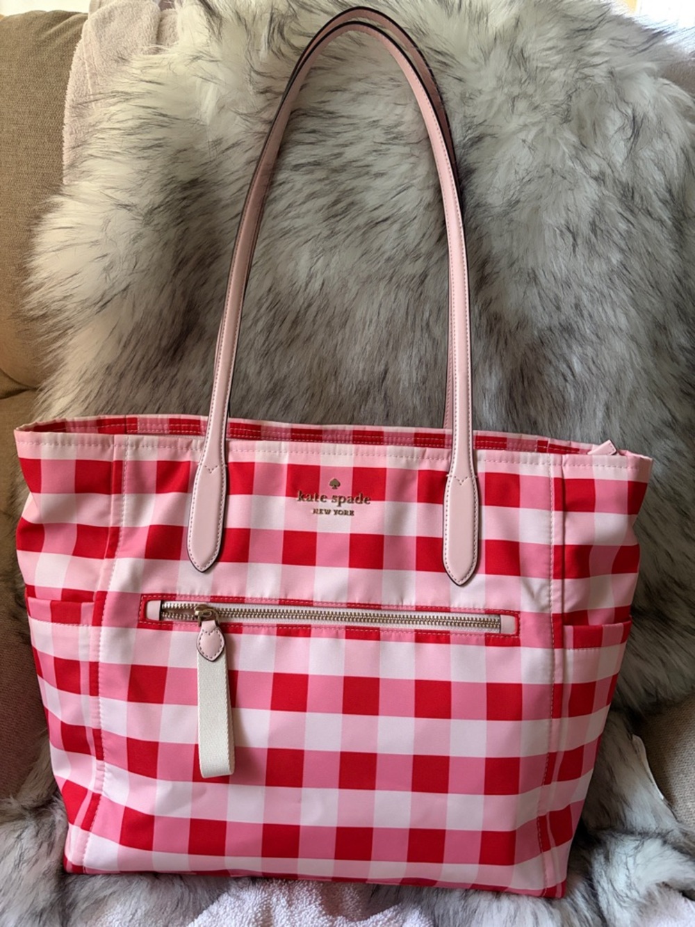 Kate Spade New York Chelsea Large Tote in red and Pink Picnic gingham check